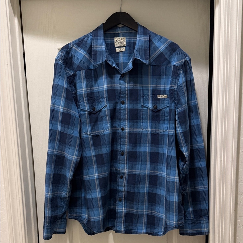 Lucky Brand Navy and Light Blue Plaid Shirt